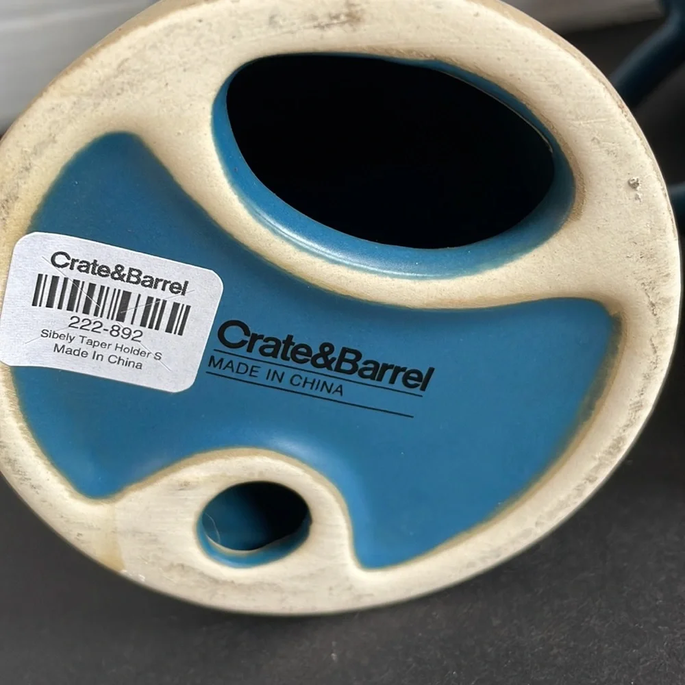 Crate and Barrel Sibely Taper Holder set of 2 Medium Blue and tan